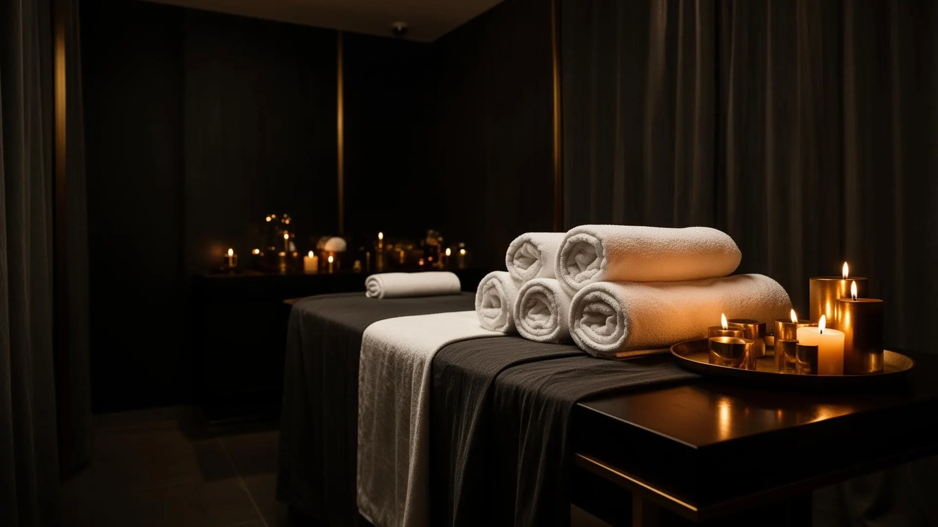 Dimly lit luxury spa suite with rolled white towels and candlelight